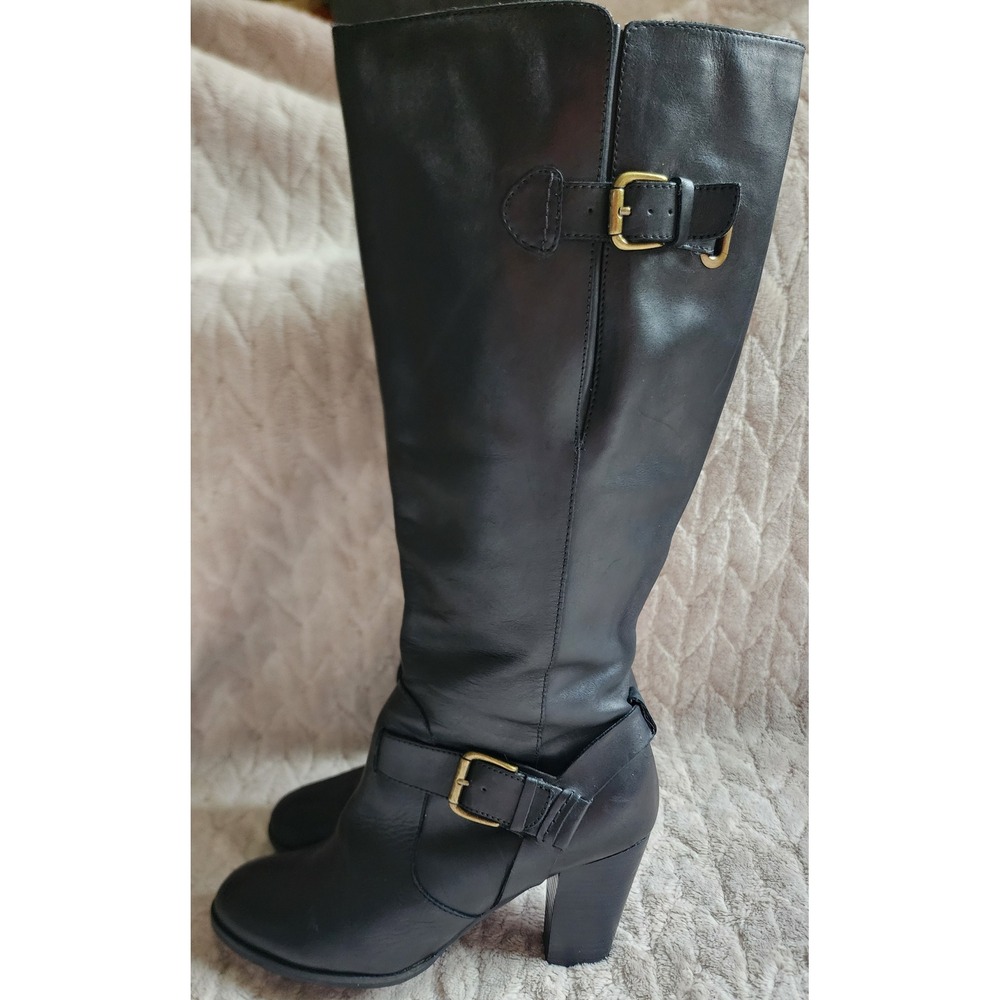 Clarks Black Leather Tall Knee High Buckle Boots Block Heel Womens 8.5M